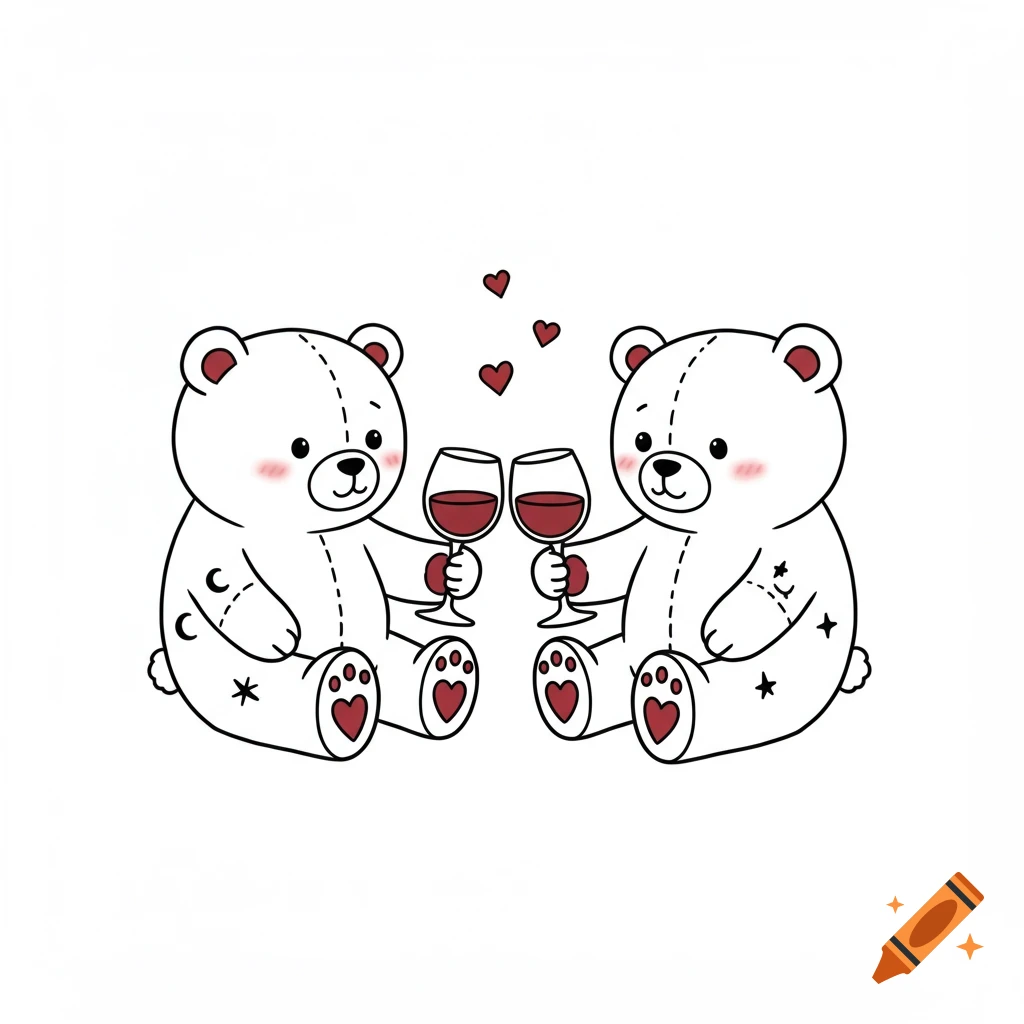 Two minimalist line art teddy bears with red ears and heart paws clink red wine glasses, with small red hearts floating above, on a white background.