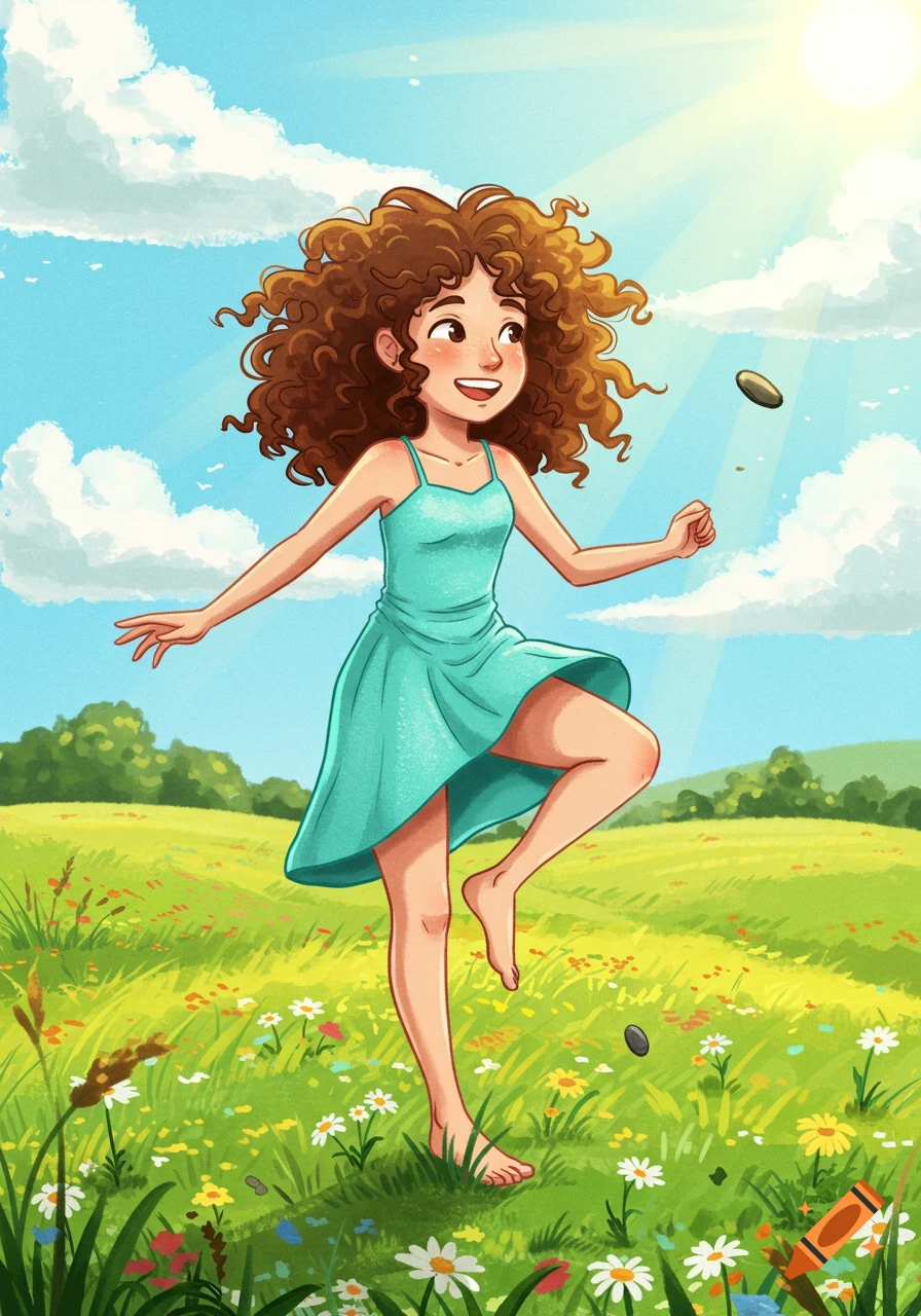 A happy, curly-haired cartoon girl in a teal dress runs barefoot through a sunny wildflower field, kicking rocks under a blue sky.