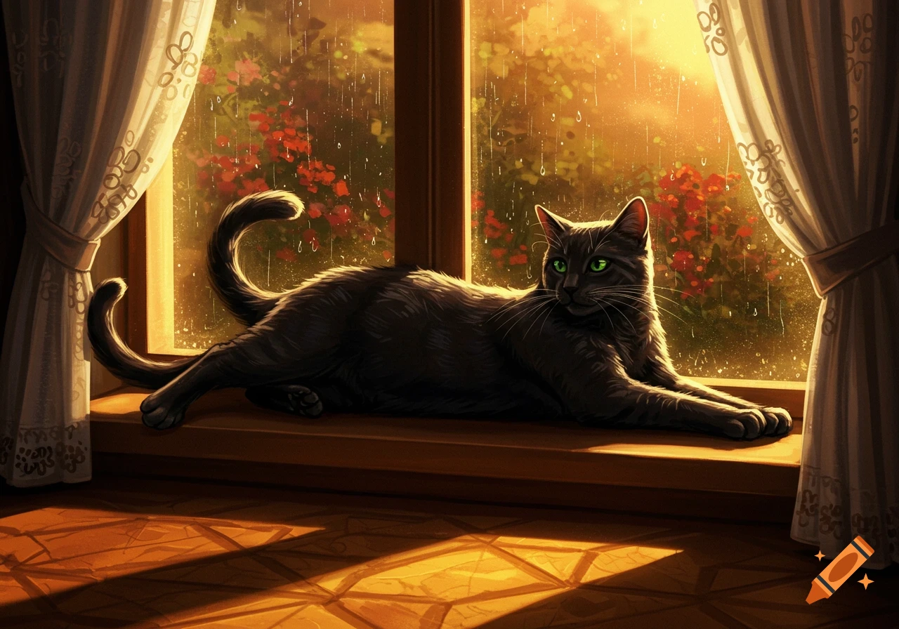 A dark gray cat with bright green eyes rests on a wooden windowsill, looking out at rain and red flowers. Digital painting.