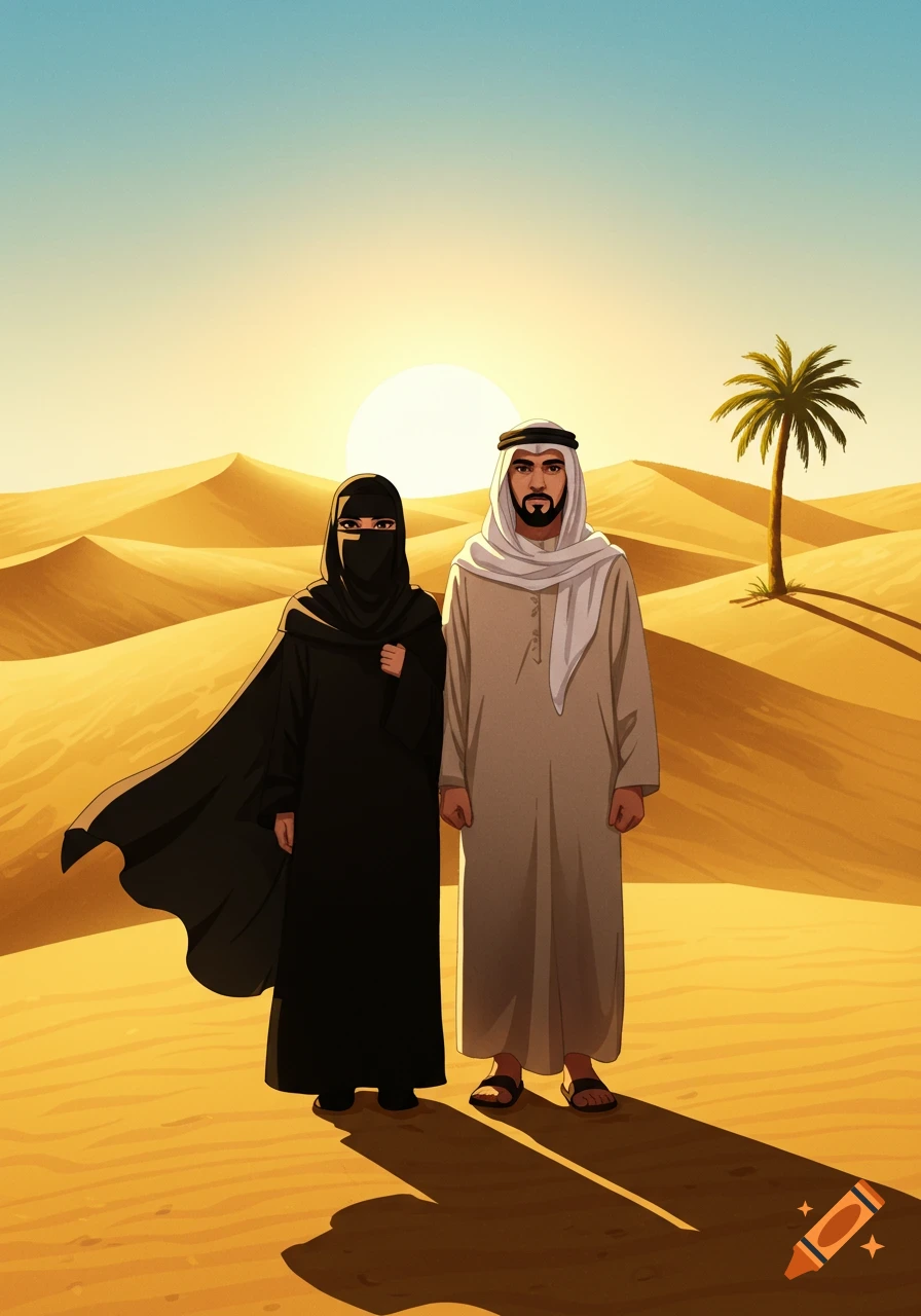 An illustration of a Muslim man and a woman in a niqab standing in a desert with sand dunes and a palm tree under a bright sun.