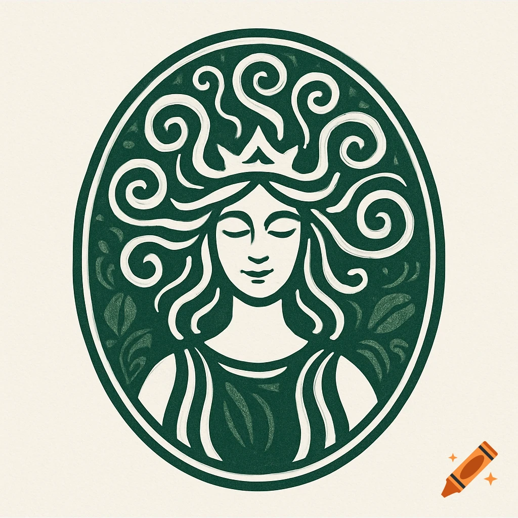 Green and white oval logo featuring a stylized crowned woman with swirling hair.