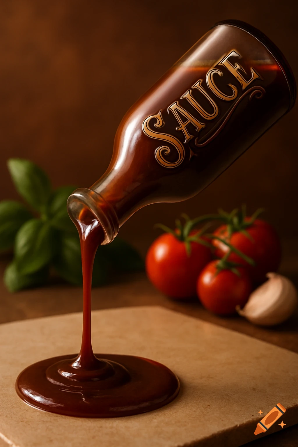 A photorealistic image of a bottle labeled "SAUCE" pouring dark red sauce onto a wooden surface, with tomatoes, garlic, and basil in the background.