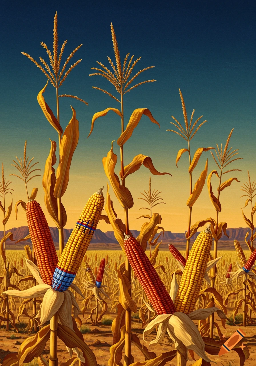 Stylized art of a cornfield under a blue and golden sky. Multiple corn stalks hold ears of corn, some with red and yellow kernels, and one with colorful blue and red bands.