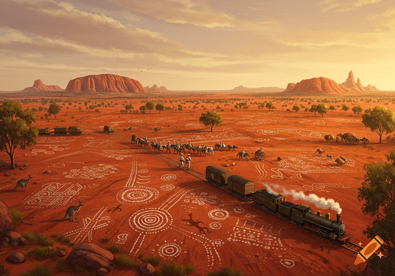 Vast Australian desert with a train, riders, kangaroos, and white indigenous ground art under a sunset sky. Uluru in background.
