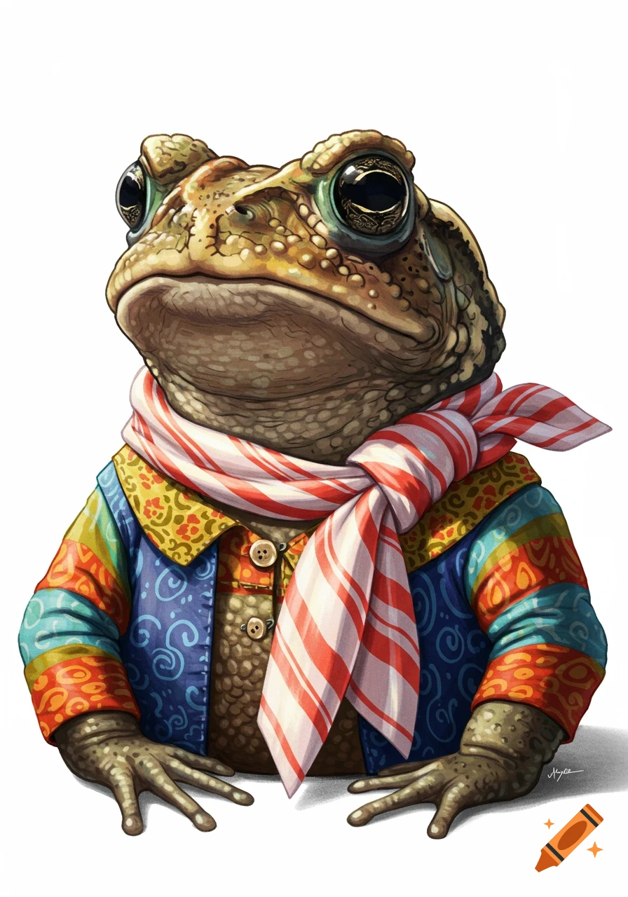 A detailed portrait of a toad dressed in a colorful patterned jacket and a red and white striped scarf, on a white background.