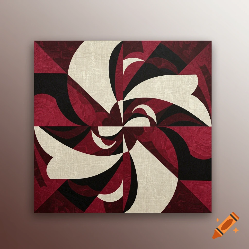 A red, white, and black abstract quilt block with swirling geometric patterns in Art Deco and Picasso styles.