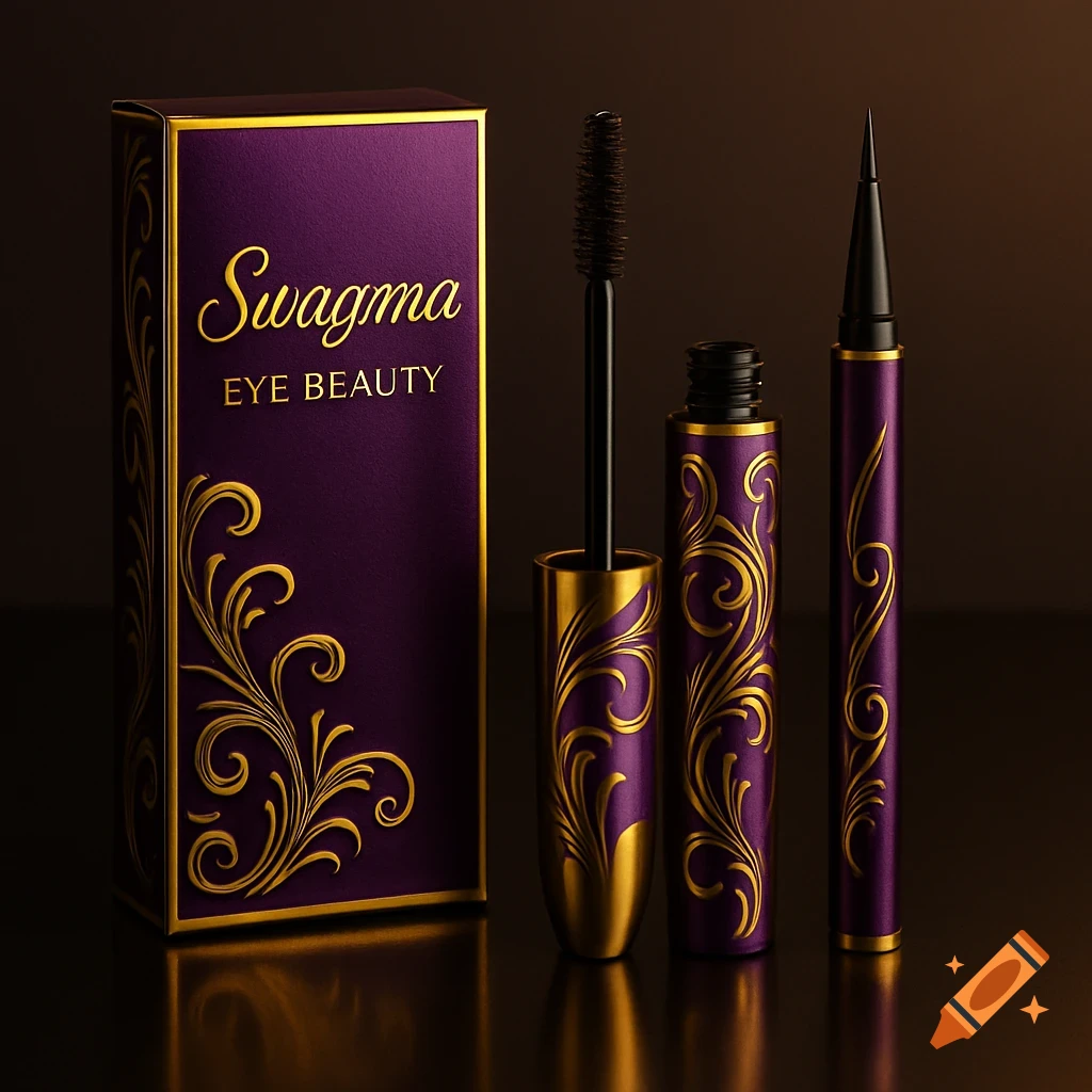 A realistic product mockup of a Swagma Eye Beauty gold and purple mascara and eyeliner set on a glossy surface with elegant lighting.