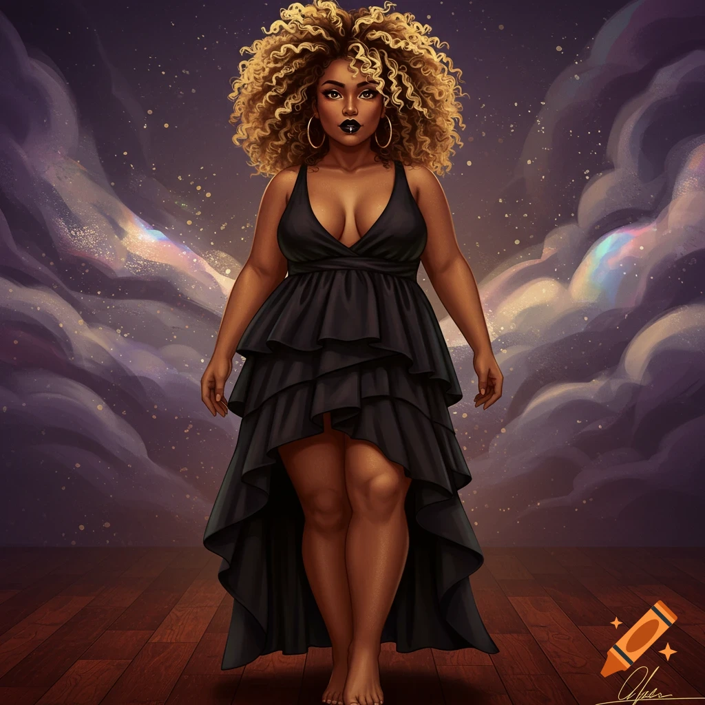 Digital art of a plus-size tan woman with curly blonde hair, black lipstick, and a gold lip ring, in a black tiered dress, standing barefoot against a cosmic background.