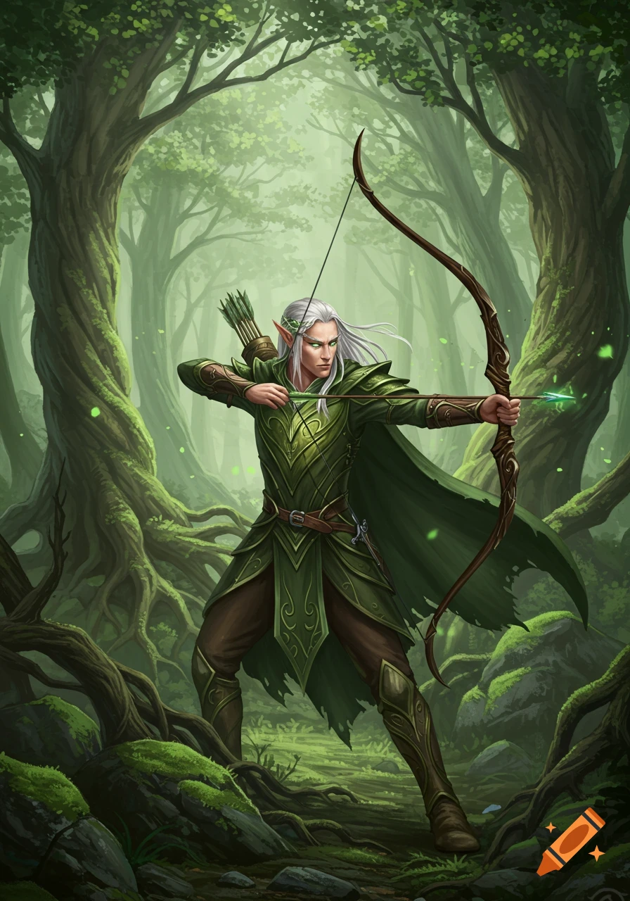 A fantasy illustration of an elf archer with white hair and green eyes, aiming a bow in a lush, verdant forest.
