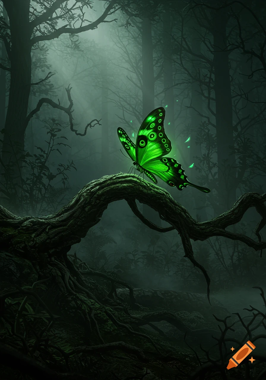 A vibrant green bioluminescent butterfly sits on a mossy branch in a dark, misty fantasy forest.