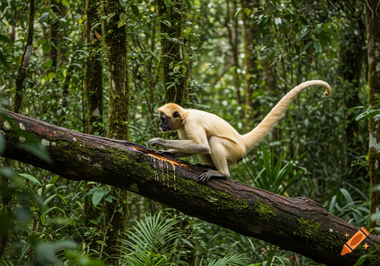 A light-colored spider monkey with a dark face on a mossy log, appearing to drink sap in a lush green forest.