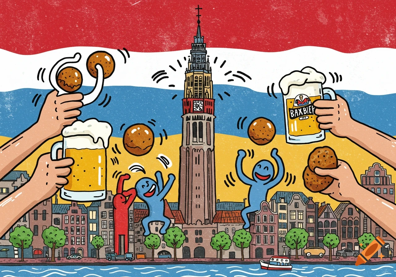 Cartoon in Keith Haring style featuring the Martini Tower, hands holding beer mugs and eierballen, and figures dancing over a cityscape by a canal, with a red, white, and blue background.