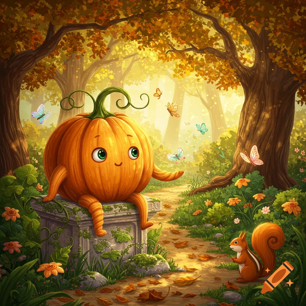 A whimsical cartoon pumpkin character with pasta-like limbs sits on a mossy stone structure in a sunlit autumn forest, surrounded by butterflies and a squirrel.