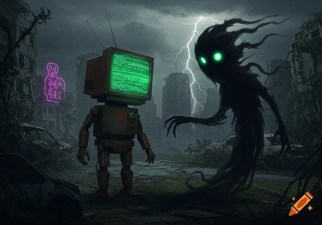 A TV-headed robot with green code on its screen stands opposite a dark, shadowy creature with glowing green eyes in a desolate, stormy cityscape. Lightning strikes in the background.