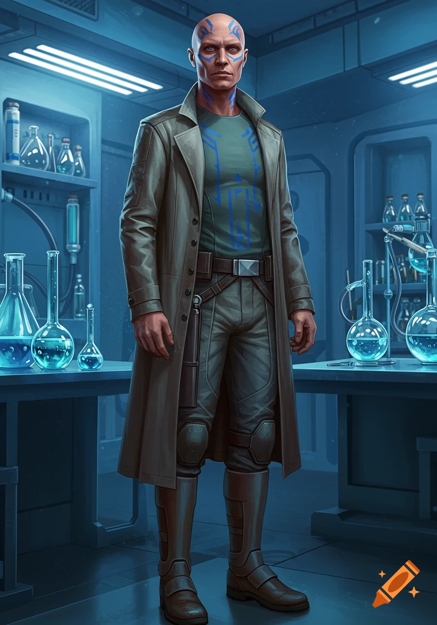 A bald, tattooed male Zabrak in a trench coat and boots stands in a futuristic sci-fi laboratory, surrounded by beakers and flasks.