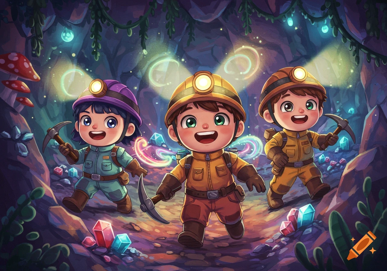 Three happy cartoon children miners with pickaxes explore a glowing cave filled with colorful crystals and mushrooms.