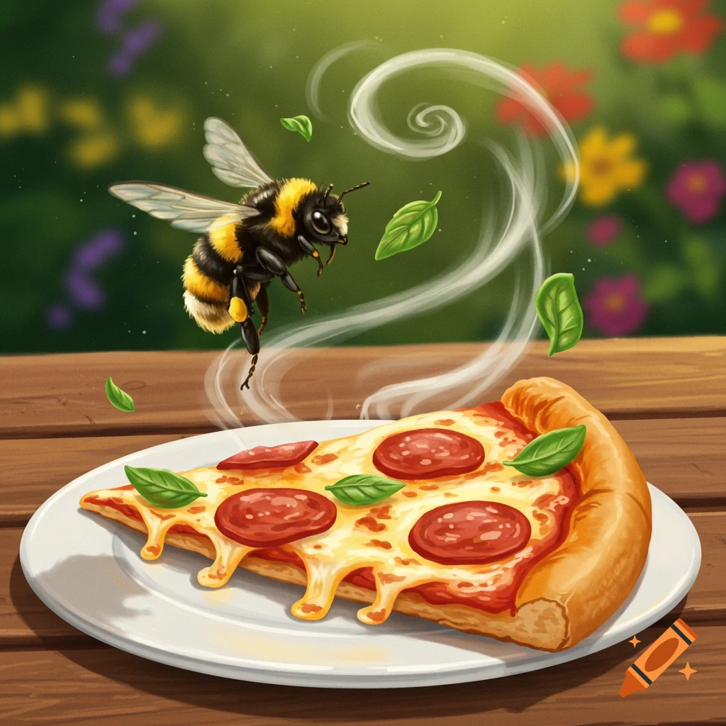Colorful illustration of a fuzzy bee hovering above a steaming slice of pepperoni pizza on a white plate outdoors.