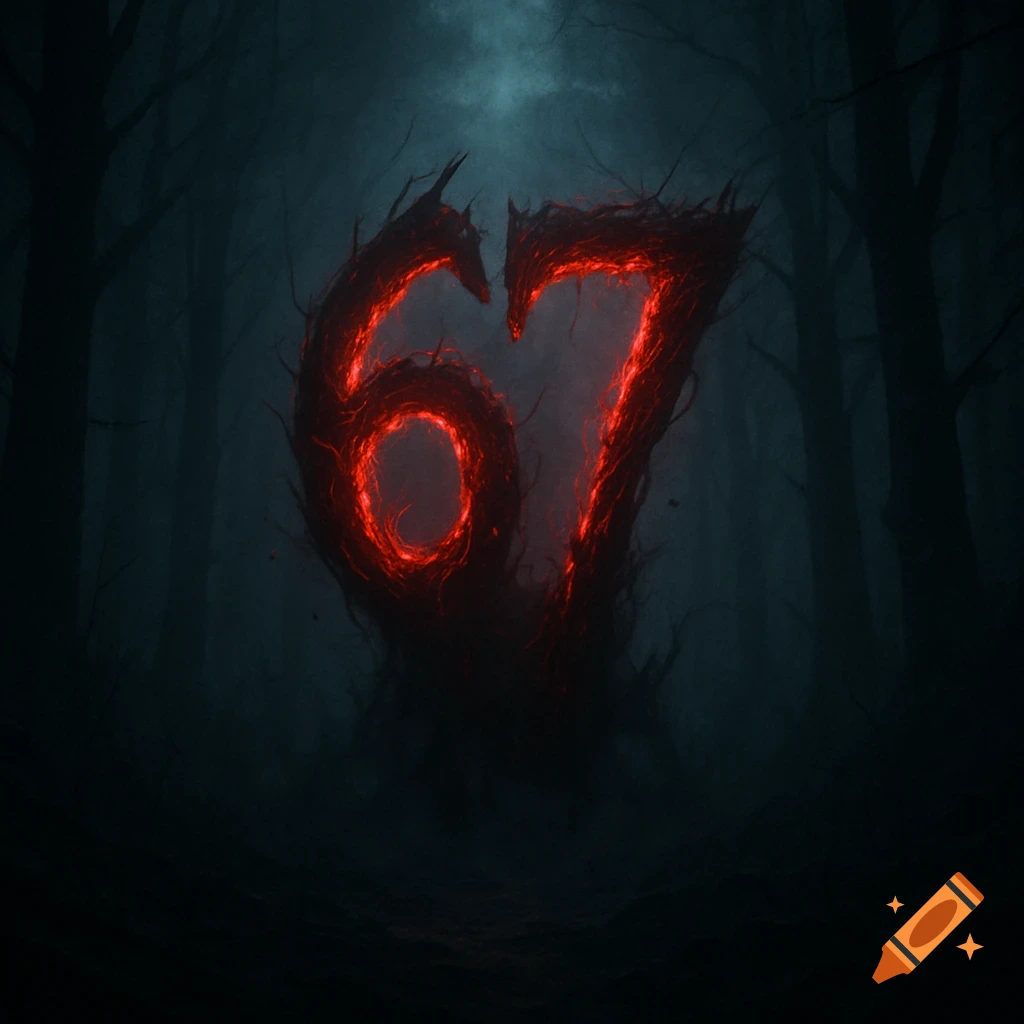 Terrifying glowing red numbers 67, made of thorny vines, appear in a dark, foggy forest.