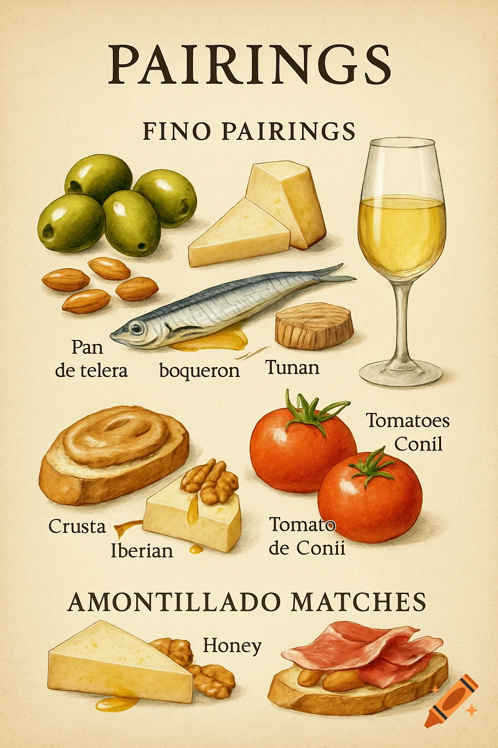 An illustrated pairing chart for Fino and Amontillado wines. Fino pairings include olives, cheese, almonds, boqueron, bread, tuna, tomatoes. Amontillado pairings include honey, cheese, walnuts, bread with ham.