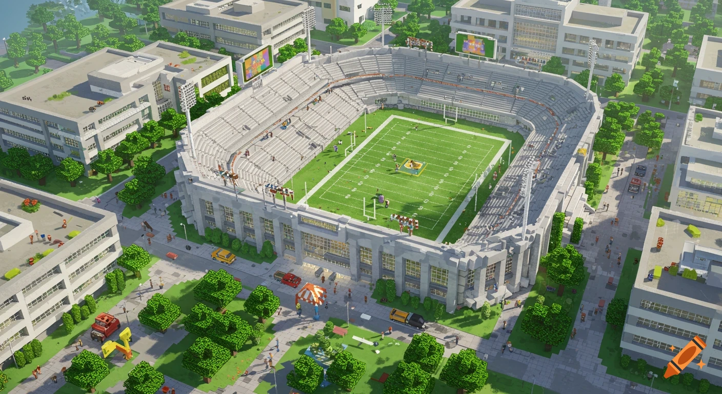 An aerial view of a Minecraft-style college campus featuring a large American football stadium with surrounding buildings and trees.