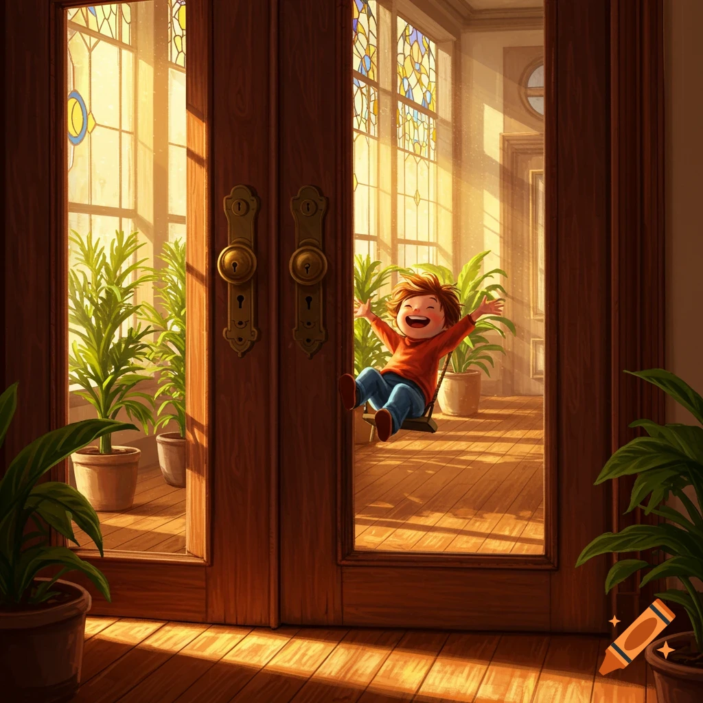 A happy cartoon child swings playfully between open wooden doors, bathed in bright sunlight filtering through stained glass windows in a room with potted plants.