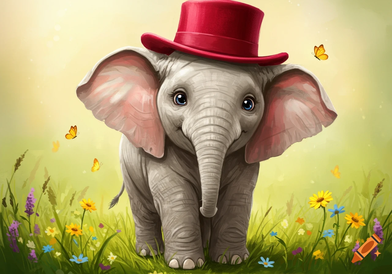 A cute baby elephant with big blue eyes wears a red top hat, standing in a vibrant field of colorful flowers and butterflies, digital art.