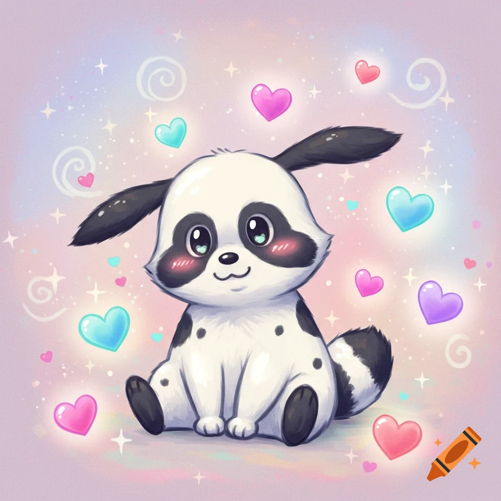 Cute cartoon white dog character sitting, surrounded by pink, blue, and purple hearts and sparkles on a pastel background.