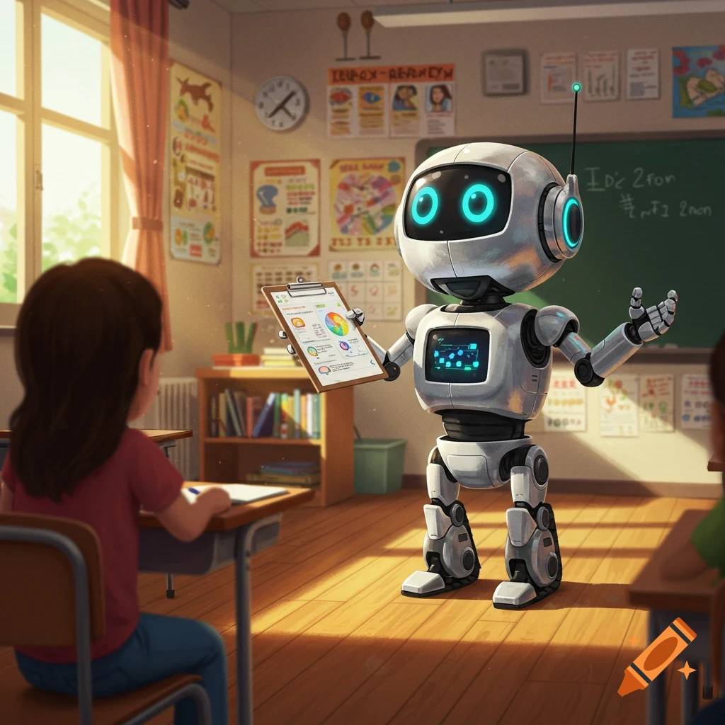 A cute robot teacher holds a clipboard with charts while a child student sits at a desk in a bright classroom.