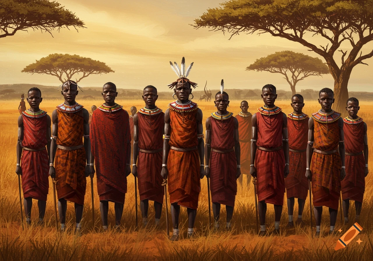 A stylized illustration of a group of men in traditional tribal attire standing in a savanna at sunset.
