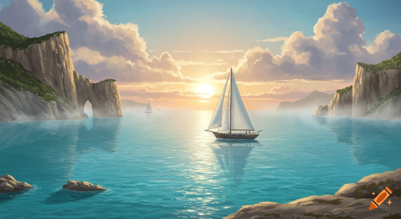 A painted seascape with a sailboat on calm turquoise water during sunset, flanked by rocky cliffs and an archway.