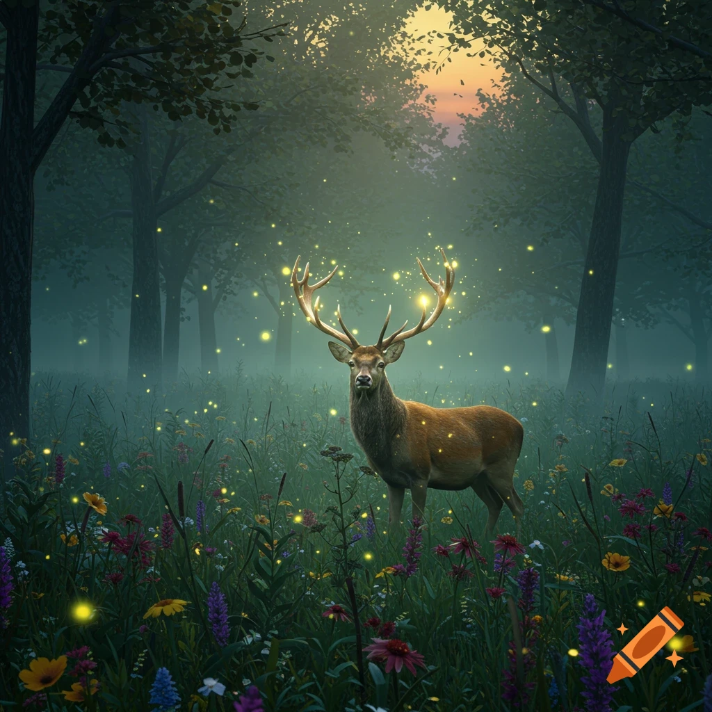 A majestic stag with glowing antlers stands in a mystical, foggy forest field filled with colorful flowers and fireflies at sunset.