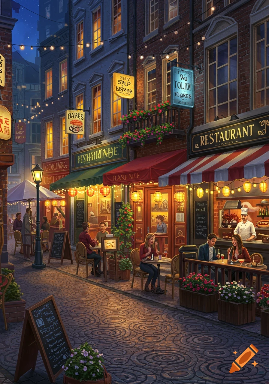 A charming night view of a bustling European street with outdoor restaurants, string lights, and people dining.