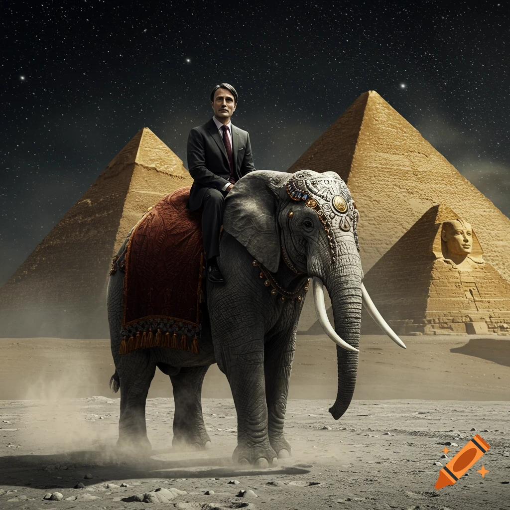A man in a suit rides an adorned elephant in a moon-like desert with Egyptian pyramids and a Sphinx under a starry night.