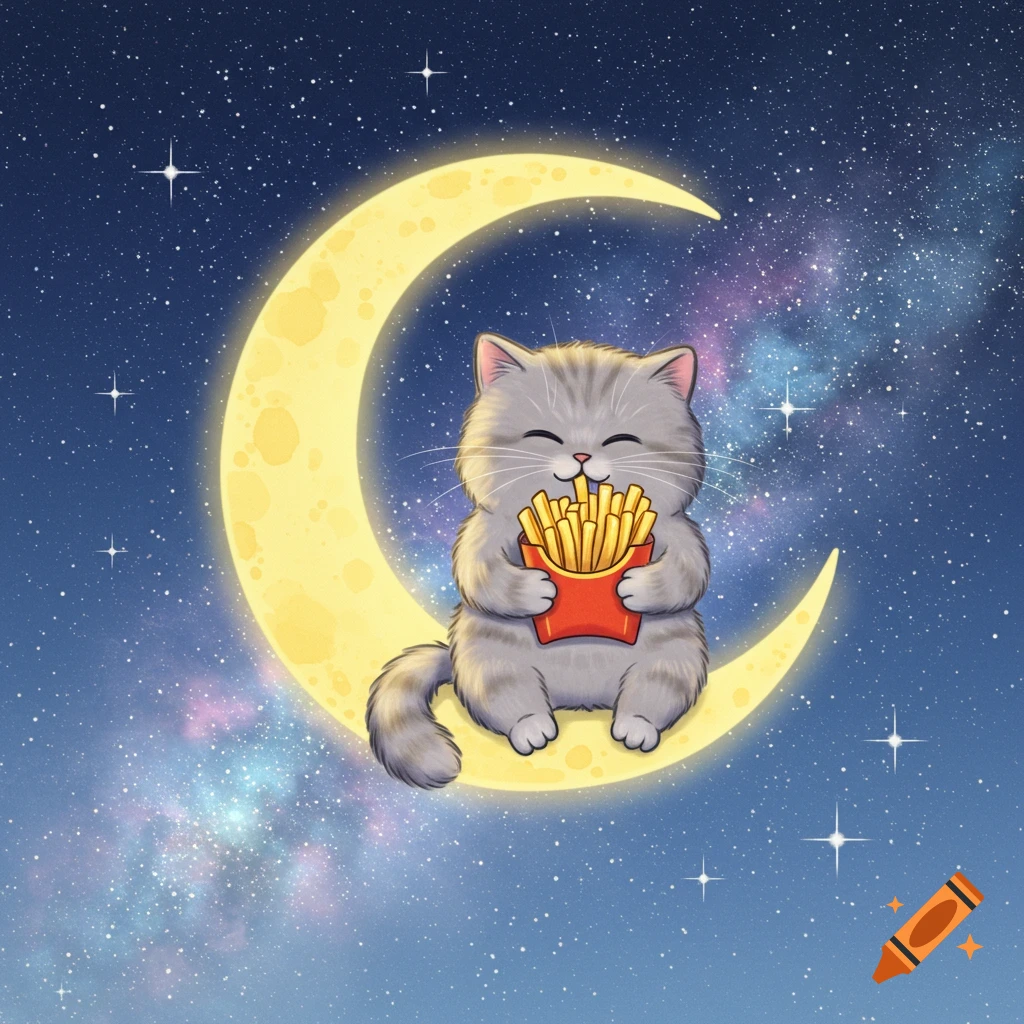 A cute fluffy cat eats french fries while sitting on a crescent moon in a starry night sky, cartoon illustration.