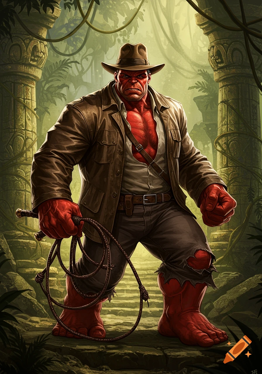 Red Hulk dressed as Indiana Jones stands in ancient jungle ruins, holding a whip in this detailed comic art illustration.