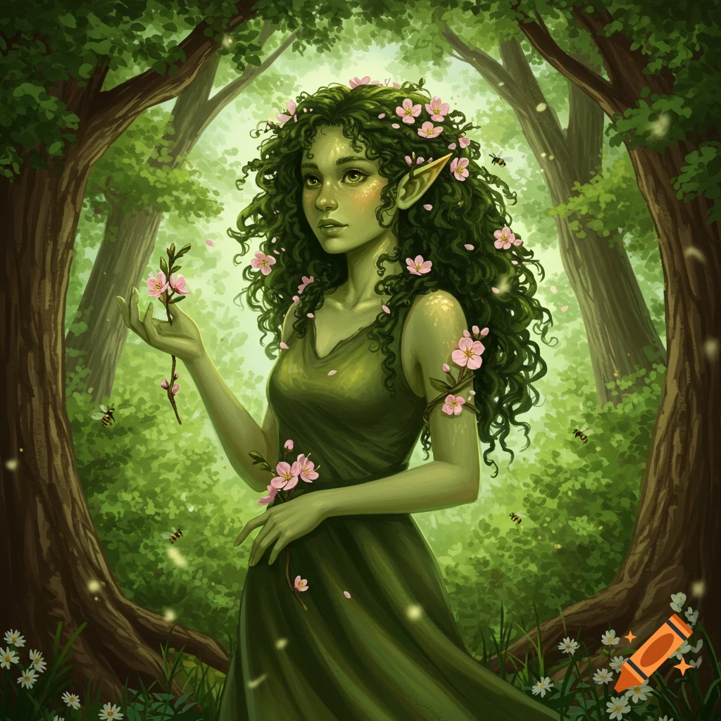 A green-skinned fey eladrin with dark curly hair and pink flowers in a vibrant forest, holding a flowering branch.