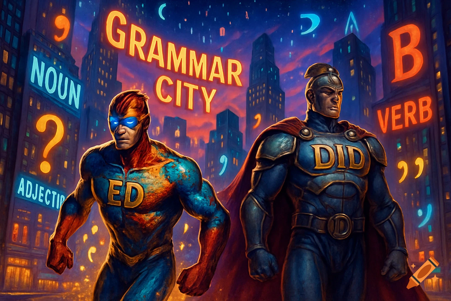 Two muscular superheroes, Flash-ED and Captain DID, stand in a vibrant, neon-lit city called Grammar City, with words and punctuation floating around.