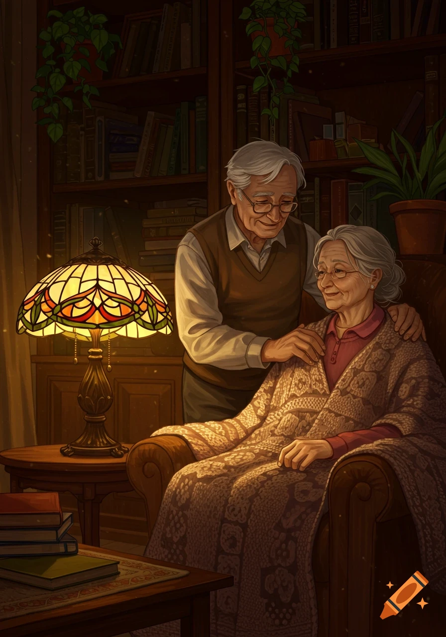 Elderly couple in a cozy, warm-lit room with bookshelves. The man gently touches the woman's shoulder as she sits in an armchair with a blanket. Illustration.