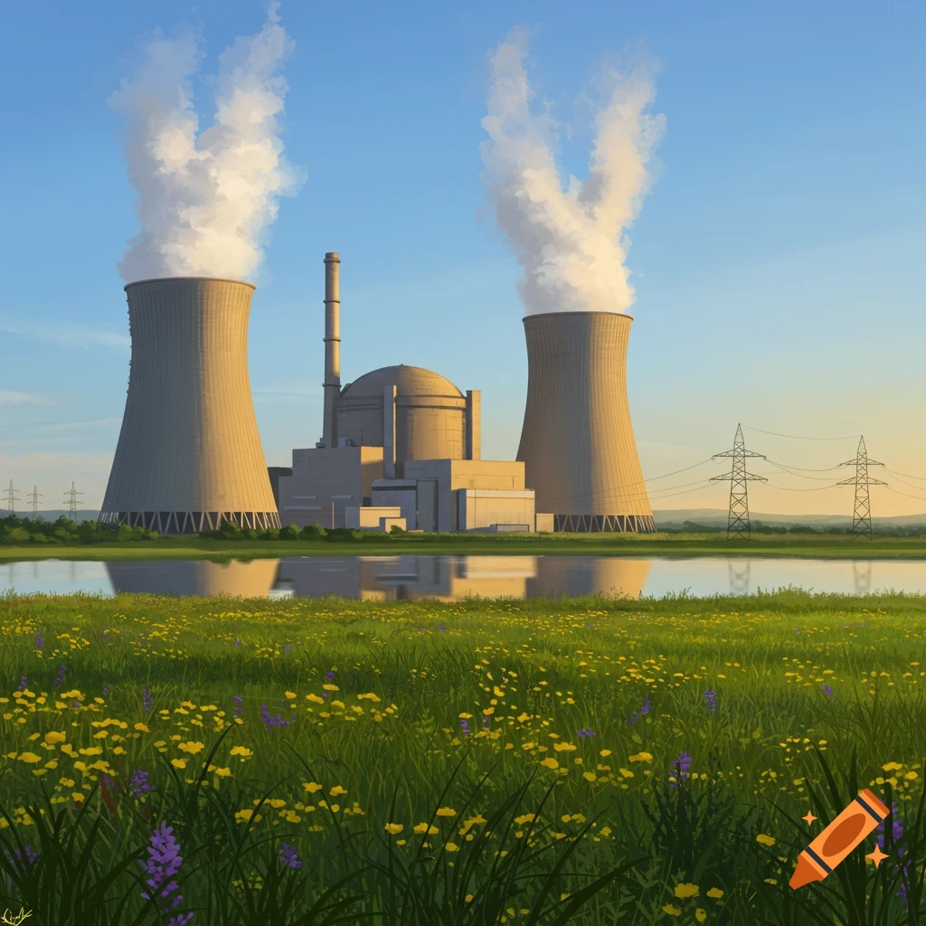 A nuclear power plant with two cooling towers emitting steam, situated beside a reflective lake and a vibrant field of yellow and purple wildflowers under a clear blue sky.