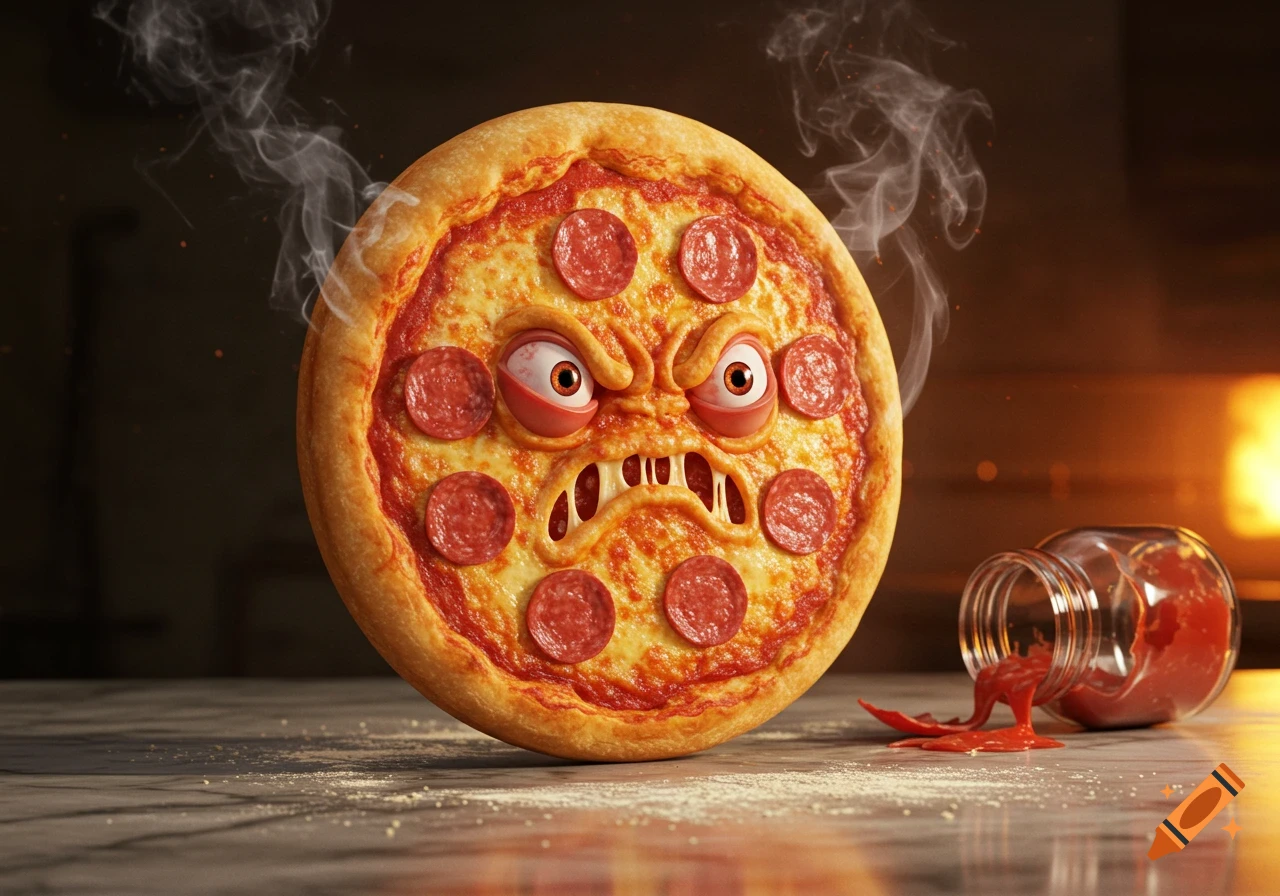A photorealistic angry pepperoni pizza with bulging red eyes and a scowling mouth, steaming hot, with spilled sauce.