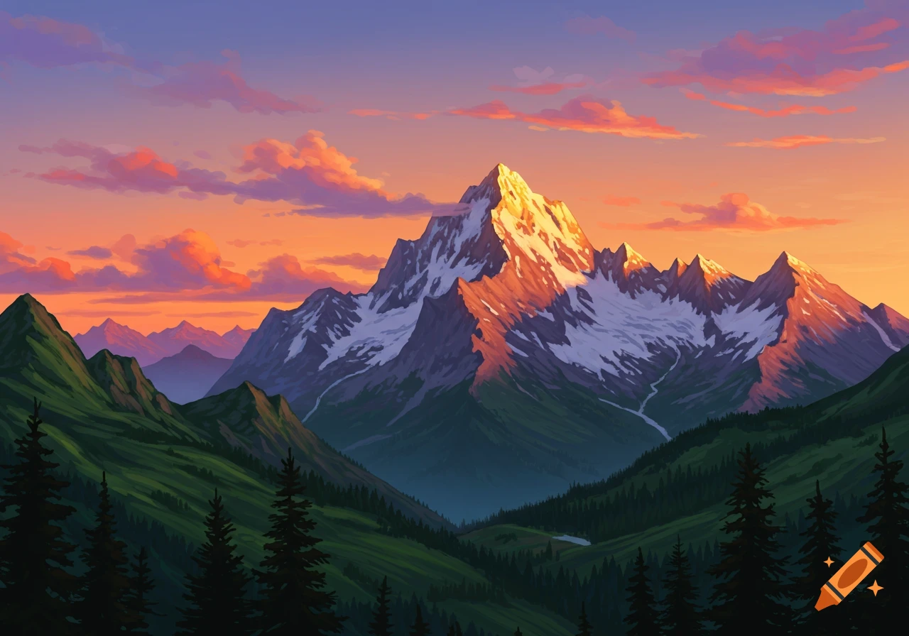 Vibrant digital painting of snow-capped mountains and green valleys at sunset, with an orange and purple sky.