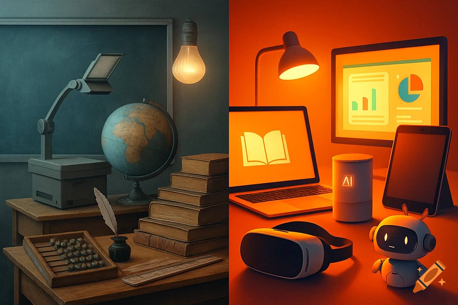 Split image: Left shows vintage education tools in blue light; Right shows modern tech in orange light.