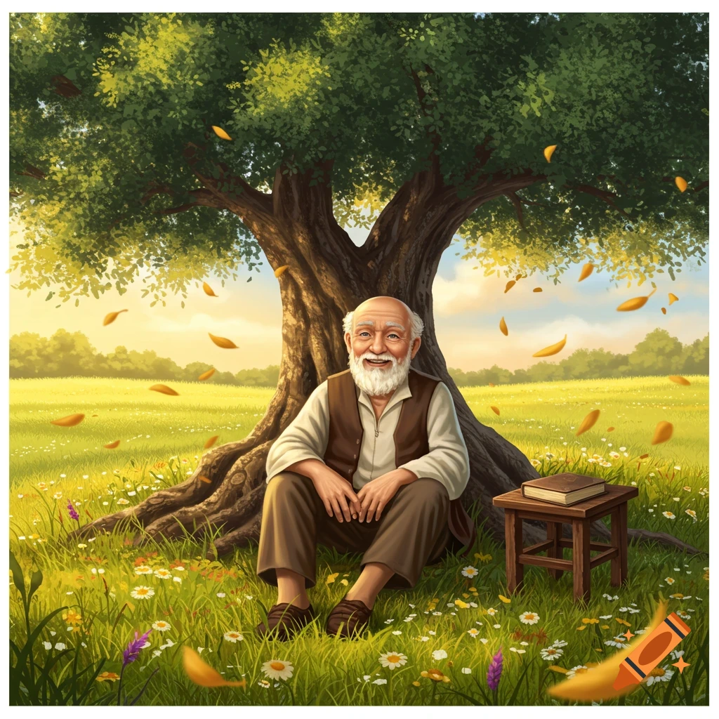 An old, bearded man sits smiling under a large tree in a grassy field with a book on a small table next to him, with falling leaves.