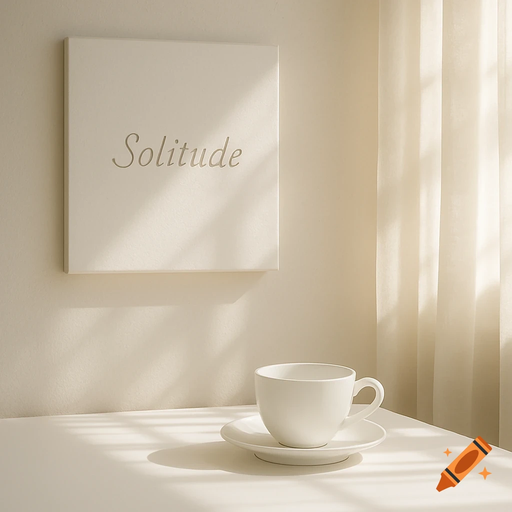 A minimalist interior scene with a white canvas reading "Solitude" on a wall, a teacup on a table, and window shadows.