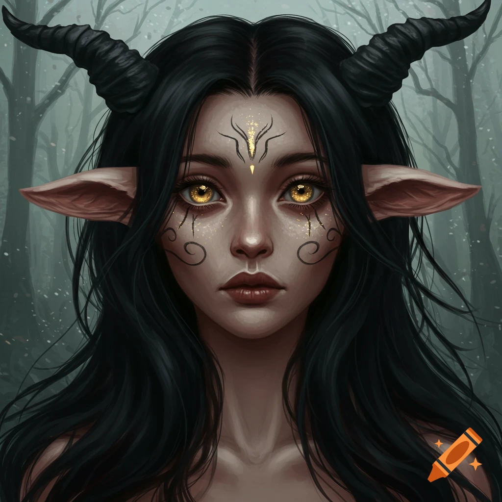 Close-up fantasy portrait of a woman with black horns, pointed ears, golden eyes, and intricate facial markings in a dark forest.
