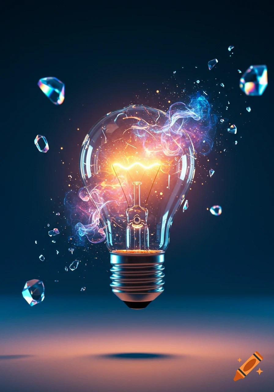 A glowing light bulb surrounded by vibrant blue and orange energy, smoke, and shattering glass fragments against a dark blue background with a warm glow.