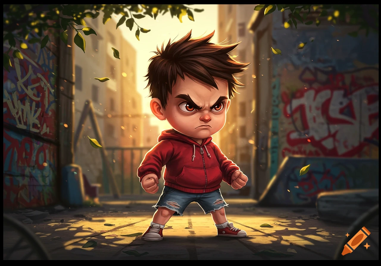 An angry cartoon boy in a red hoodie and ripped shorts stands with clenched fists in a golden-lit urban alleyway with graffiti, stylized digital art.