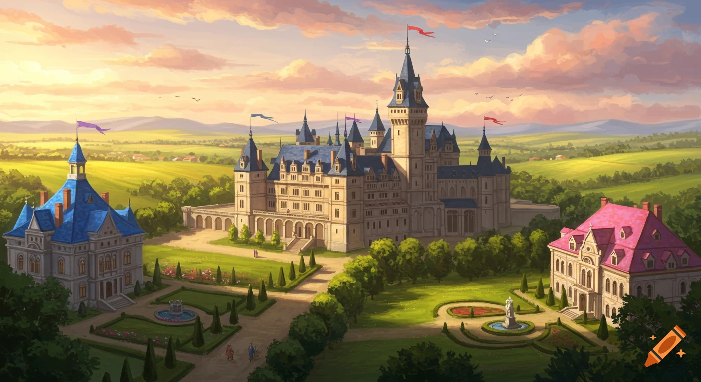An illustrated grand fantasy castle, a blue-roofed mansion, and a pink-roofed mansion in a vibrant green landscape at sunset.