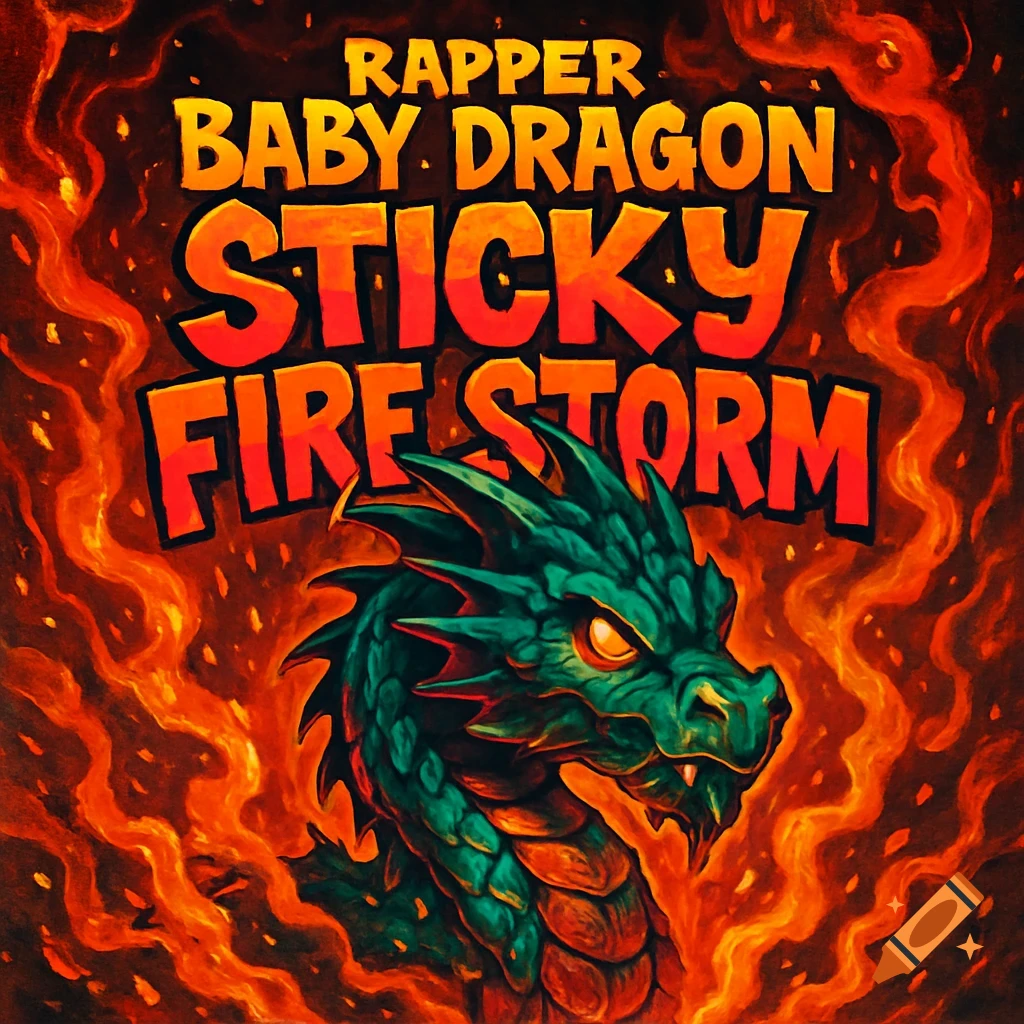 A vibrant album cover features a green dragon against a fiery orange background, with the text 'RAPPER BABY DRAGON STICKY FIRE STORM'.