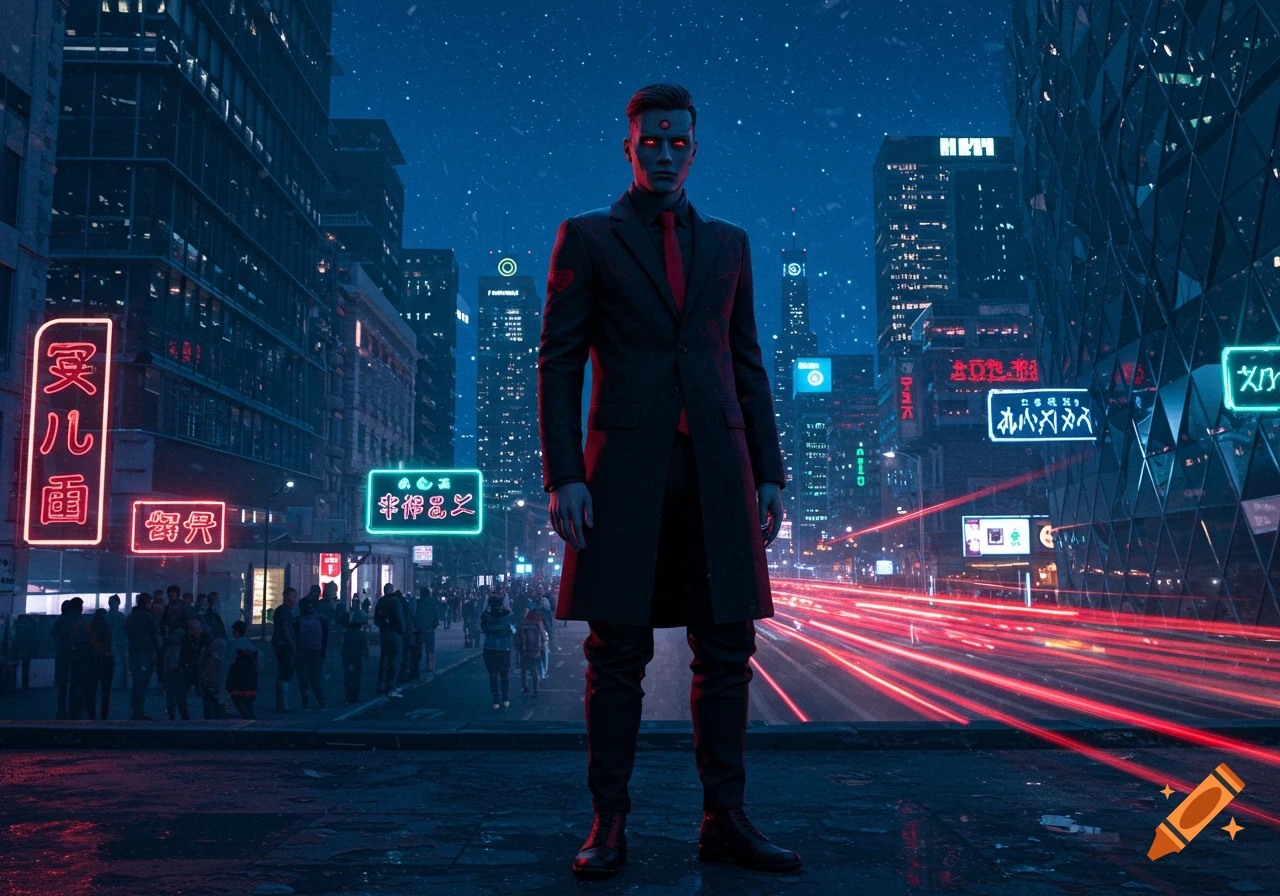 A man with glowing red eyes in a black trench coat and red tie stands in a neon-lit cyberpunk city at night with streaking car lights.
